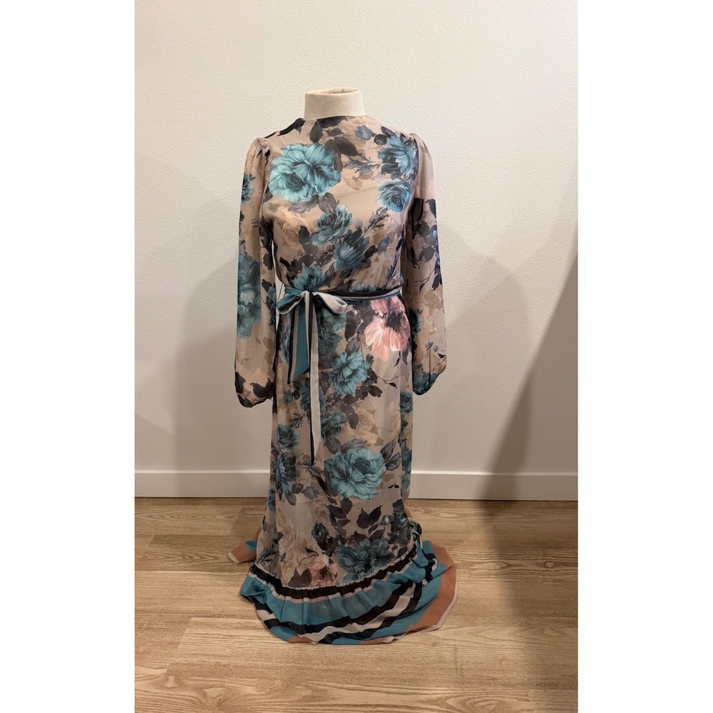 Paper Parachute Floral Maxi Dress Teal Blue Tan Long Sleeve Belted Ruffle XS